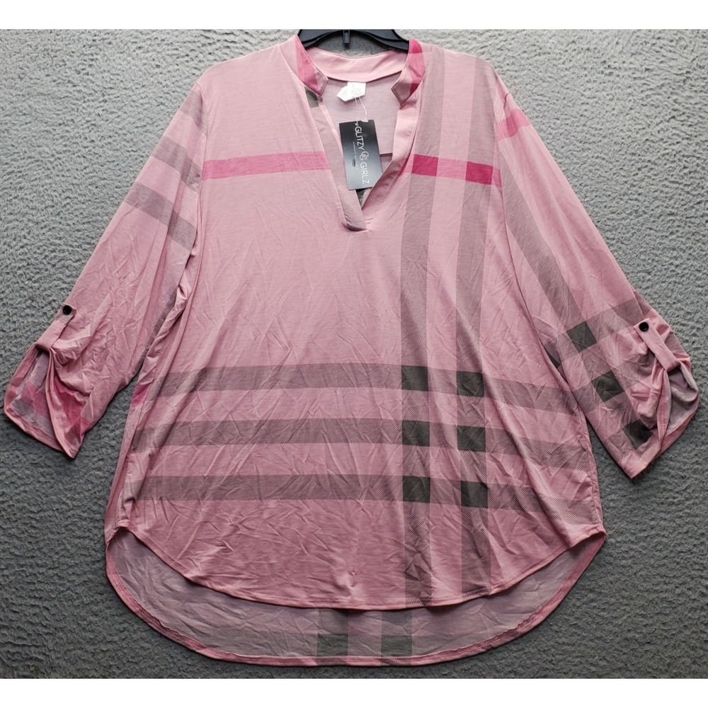 Glitzy Girlz Tunic Top Womens 3XL Multi Plaid Stretch Roll Tab Sleeve Split Neck